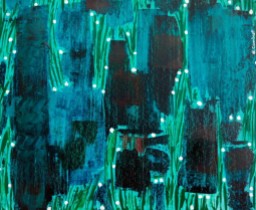 cuadro pintado en acrílico abstracto, con colores azul y verde y puntos blancos de luz