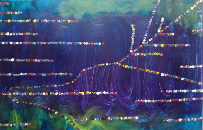 cuadro pintado en acrílico, abstracto, con puntos de colores.