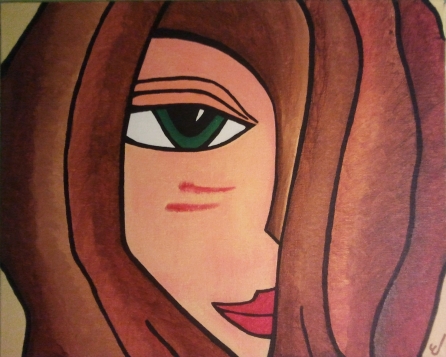 rostro de una mujer con el pelo marrón, ojo verde y labios rojos. Un mechón tapa la mitad de la cara.